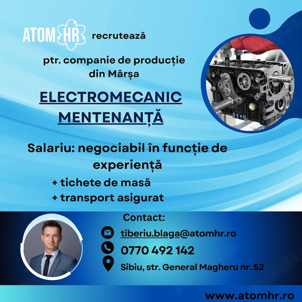 Atom HR angajează Electromecanic Mentenanță!