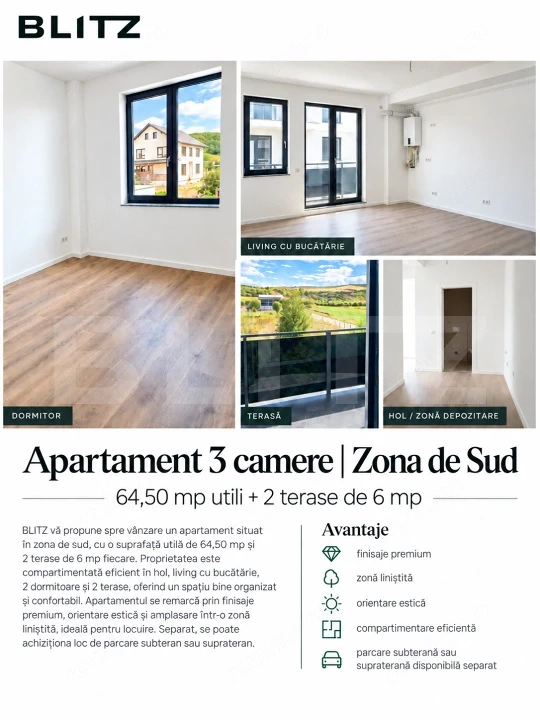 Apartament 3 camere, 64,5 mp + terasă, Zona de Sud, finisaje premium