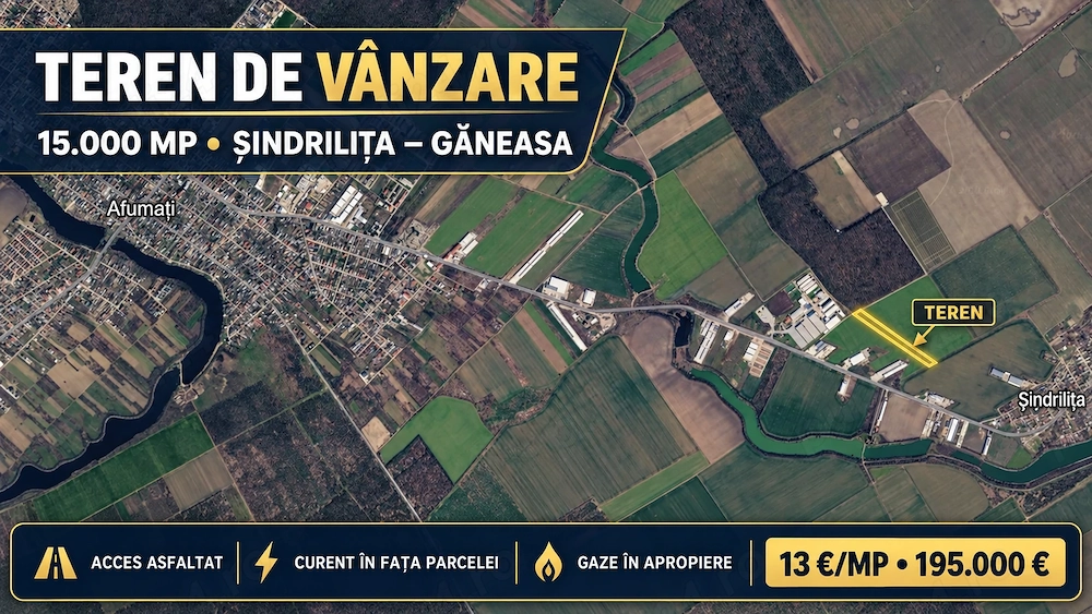 Teren 15.000 mp Șindrilița Găneasa, aproape de DN2, zonă cu dezvoltare industrială, acces asfaltat 