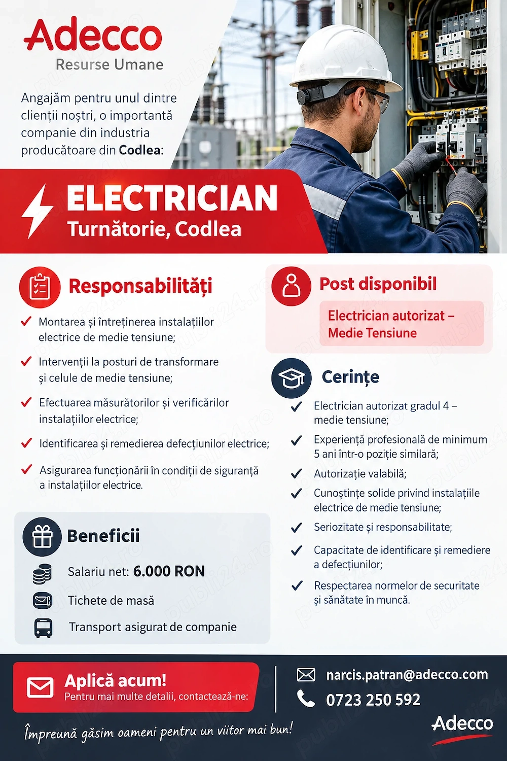 Angajam Electrician Autorizat Mentenanta