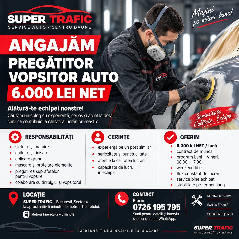 Angajam Pregatitor Vopsitor Auto - zona Tineretului 