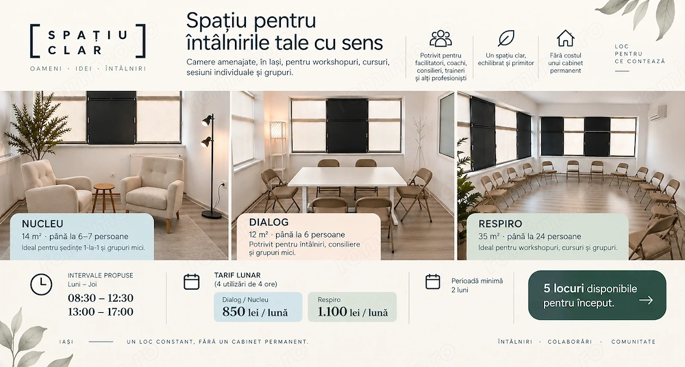 Spațiu cu săli diverse pentru terapie, coaching și workshopuri   Iași