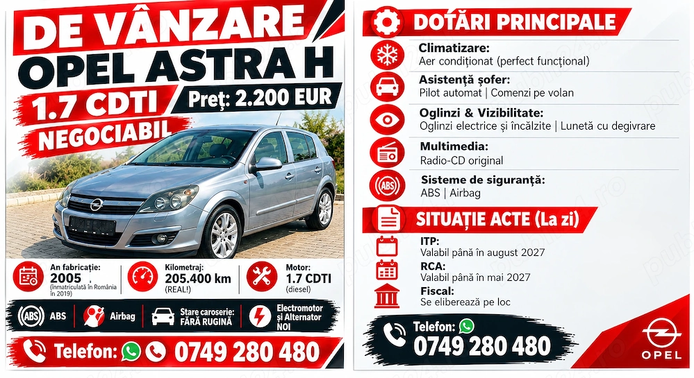 Opel Astra H 1.7 CDTI | 2  km | FĂRĂ RUGINĂ | 2.200   NEGOCIABIL