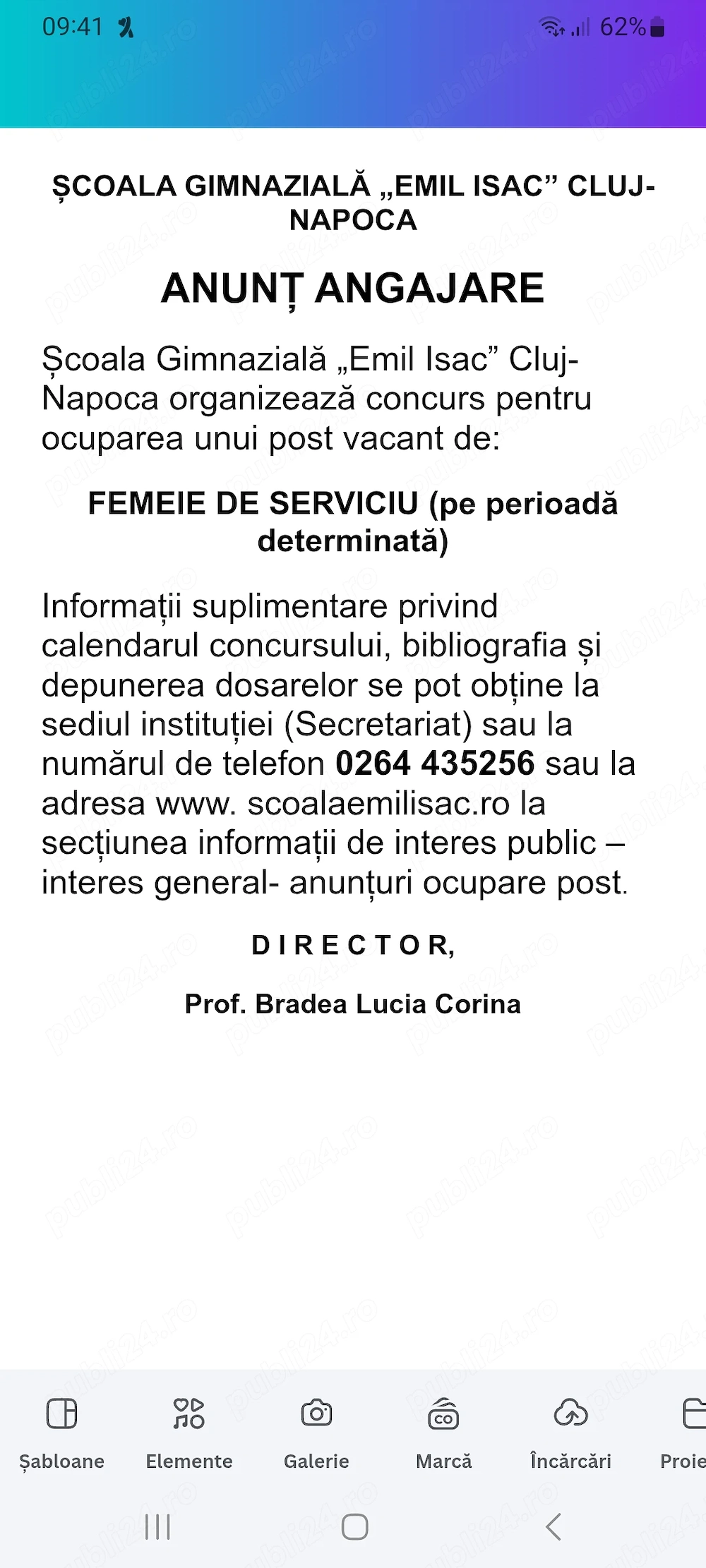 Angajare Femeie de serviciu la Școala Gimnazială "Emil Isac"