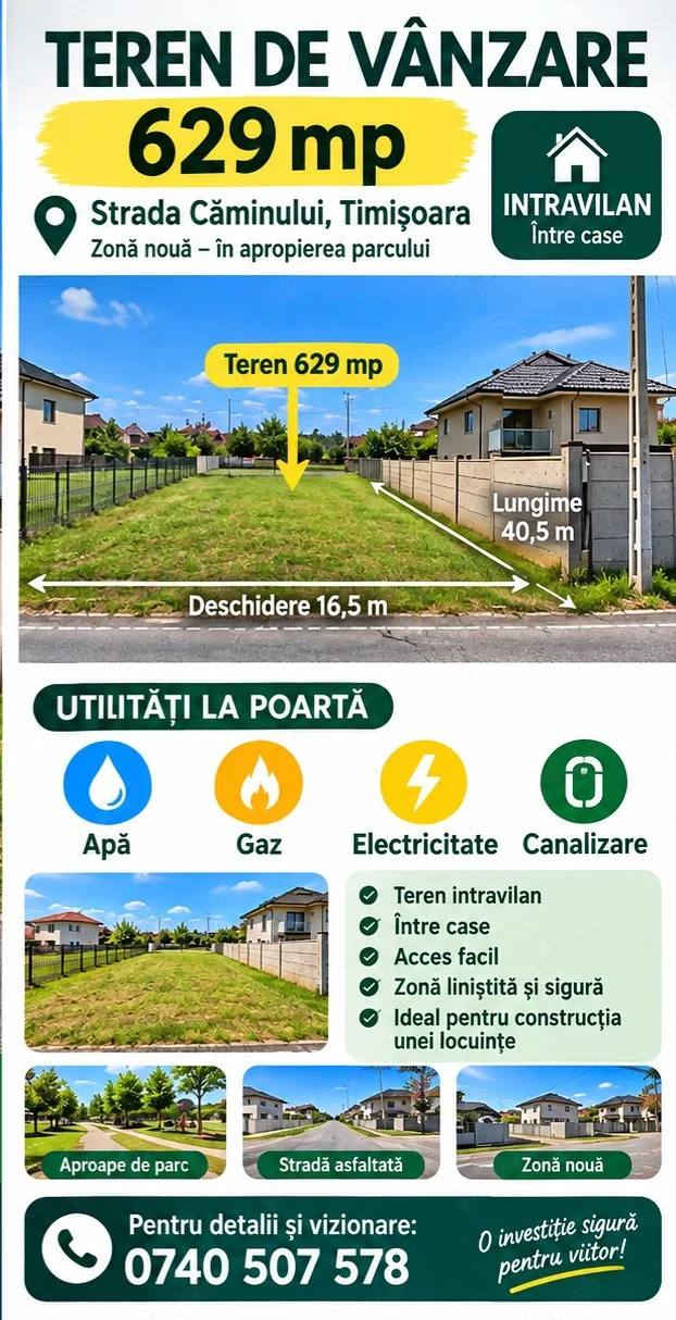 Proprietar vând teren intravilan în Comuna Parța, județul Timiș, în suprafață de 629 mp, 