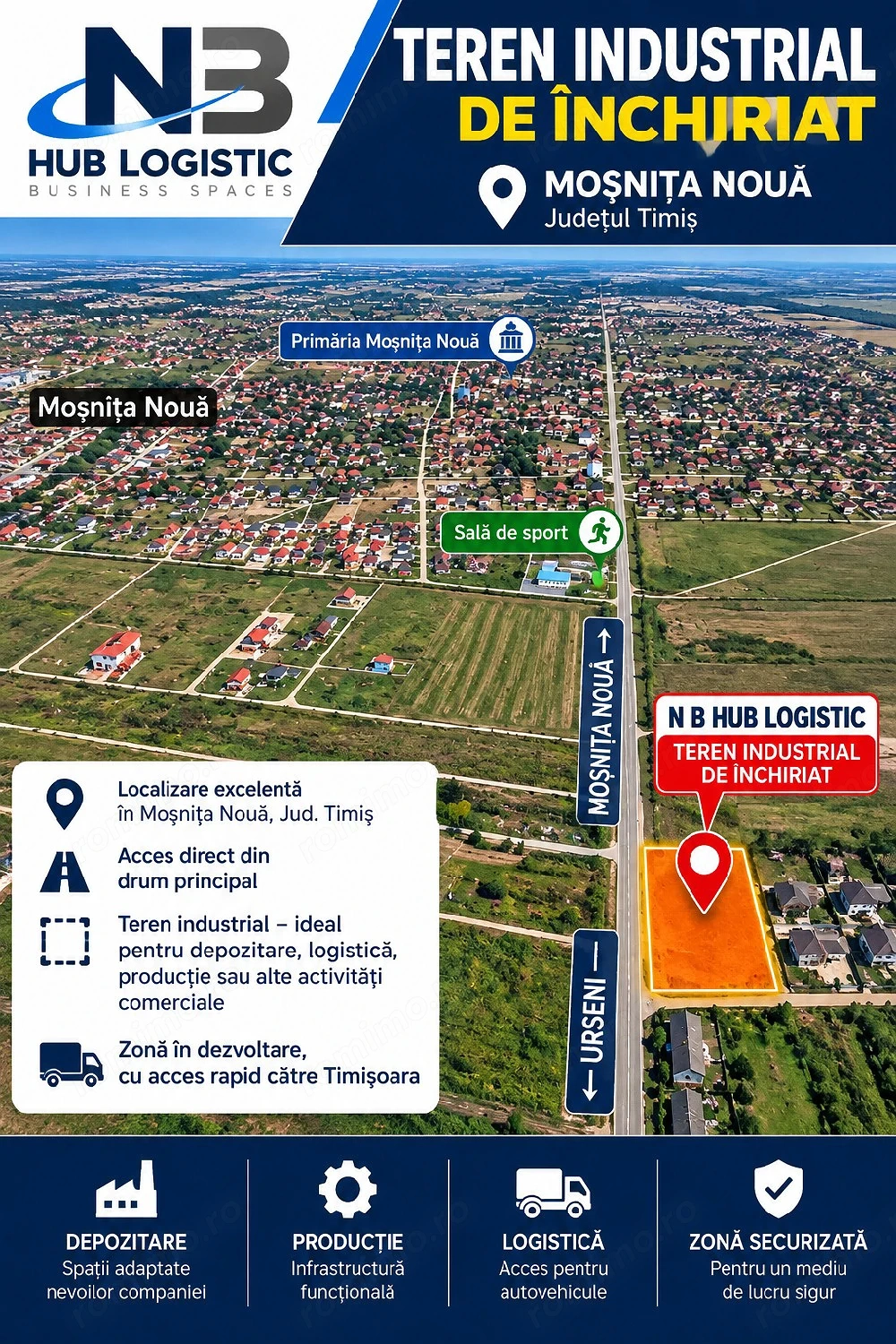 Teren industrial 2500 mp împrejmuit de închiriat - Moșnița Nouă ,langa Timisoara
