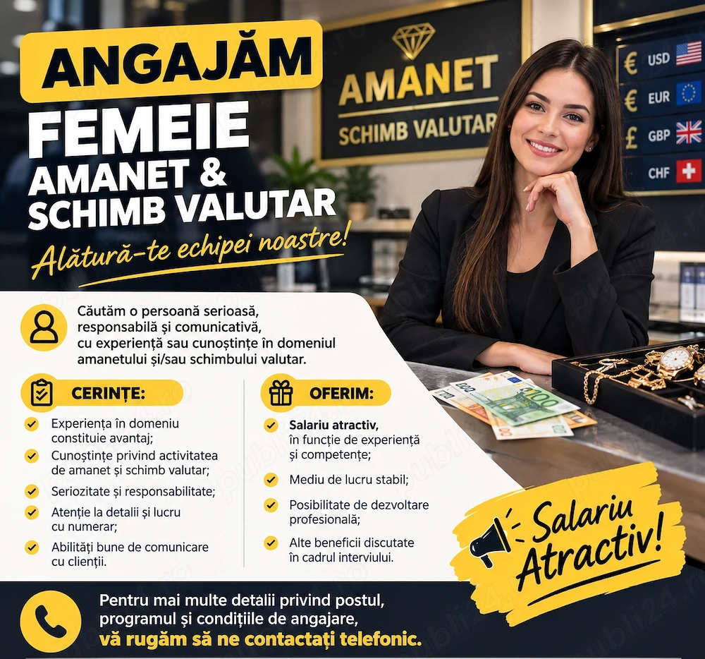 Angajăm Femeie Amanet & Schimb Valutar   Salariu Atractiv