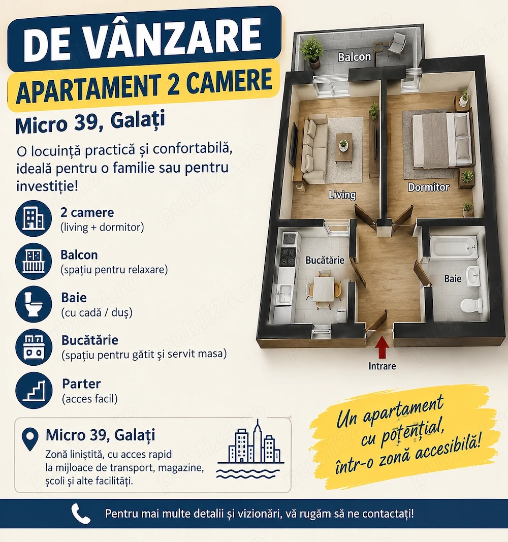  de vânzare   apartament 2 camere decomandat  micro 39a, galați   stradal
