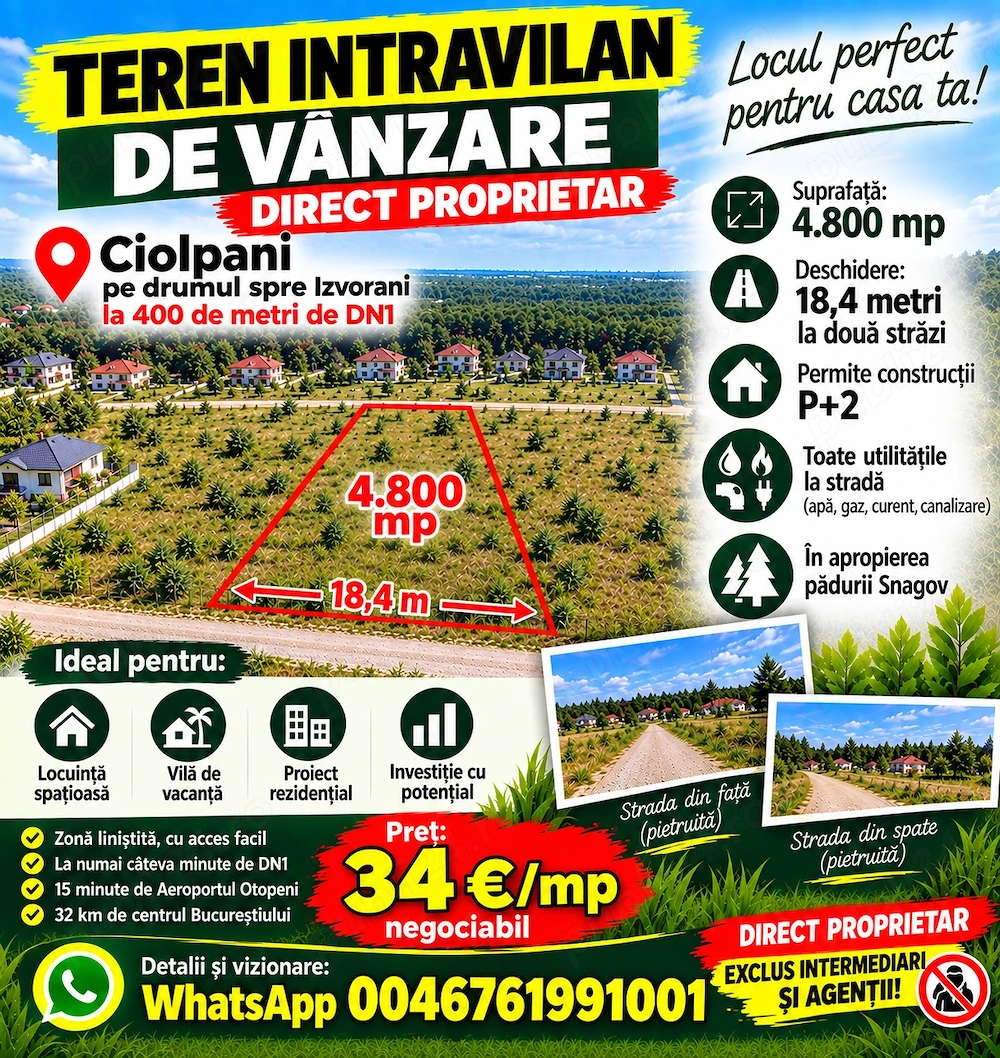 Teren intravilan de vânzare   ciolpani   izvorani   direct proprietar