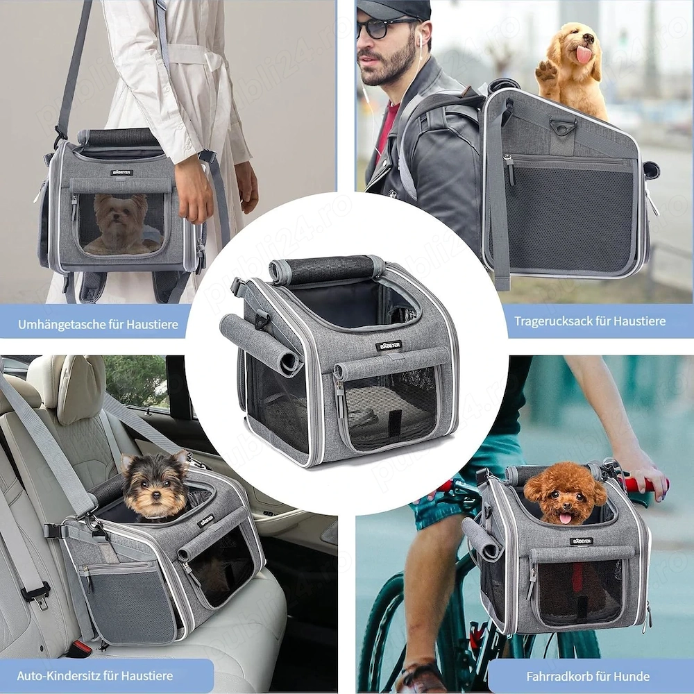 Coș Bicicletă & Rucsac Transport Câini BABEYER, Extensibil, 4 Uși, 4 Ferestre Plasă, Gri, 3 7 kg