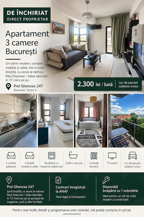 Apartament 3 camere de inchiriat (centrala, jacuzzi) + parcare subterana