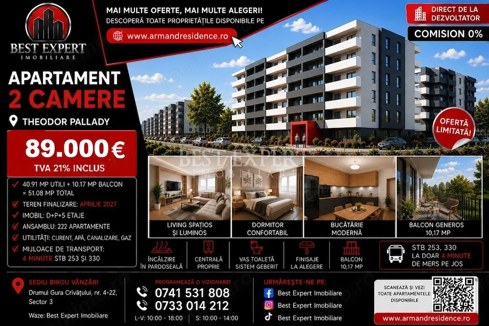 2 Camere Pallady| Avans 15%| Parcare 50% Discount| Ideal Investiție| Comision 0%