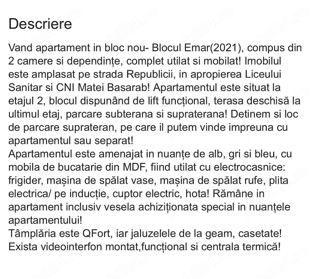 apartament cu 2 camere in bloc nou si loc de parcare