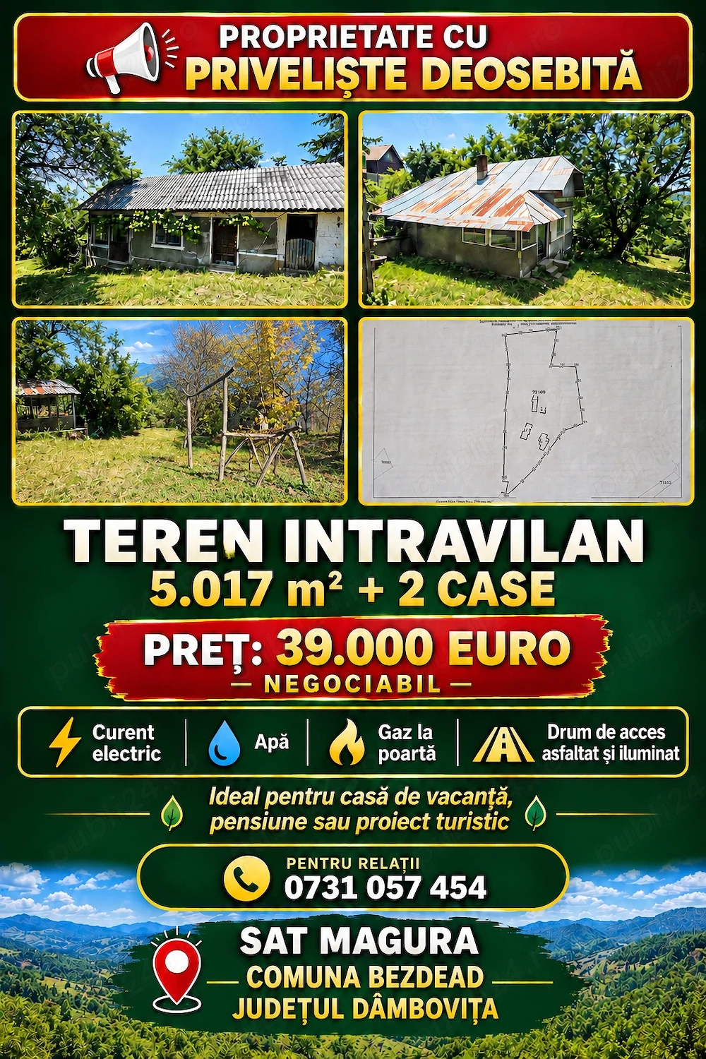 TEREN INTRAVILAN 5.017 mp + 2 case   sat Măgura, com. Bezdead, jud. Dâmbovița