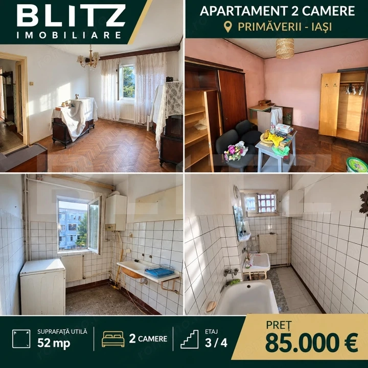 Apartament cu 2 camere, situat în zona Primăverii, Iași, la etajul 3 din 4.