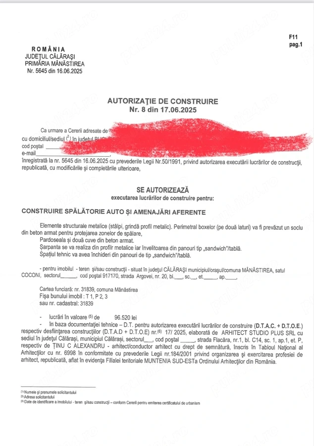 Vand teren cu autorizatie de constructie spălătorie