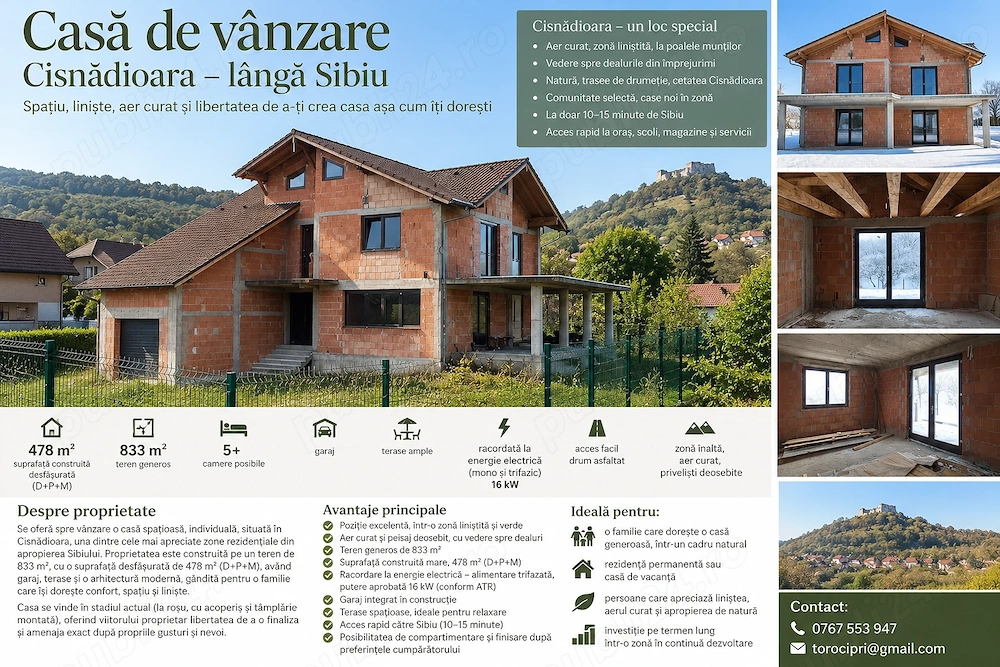 Casă la roșu intabulată Cisnădioara, 478 mp, teren 833 mp, D+P+M   proprietar
