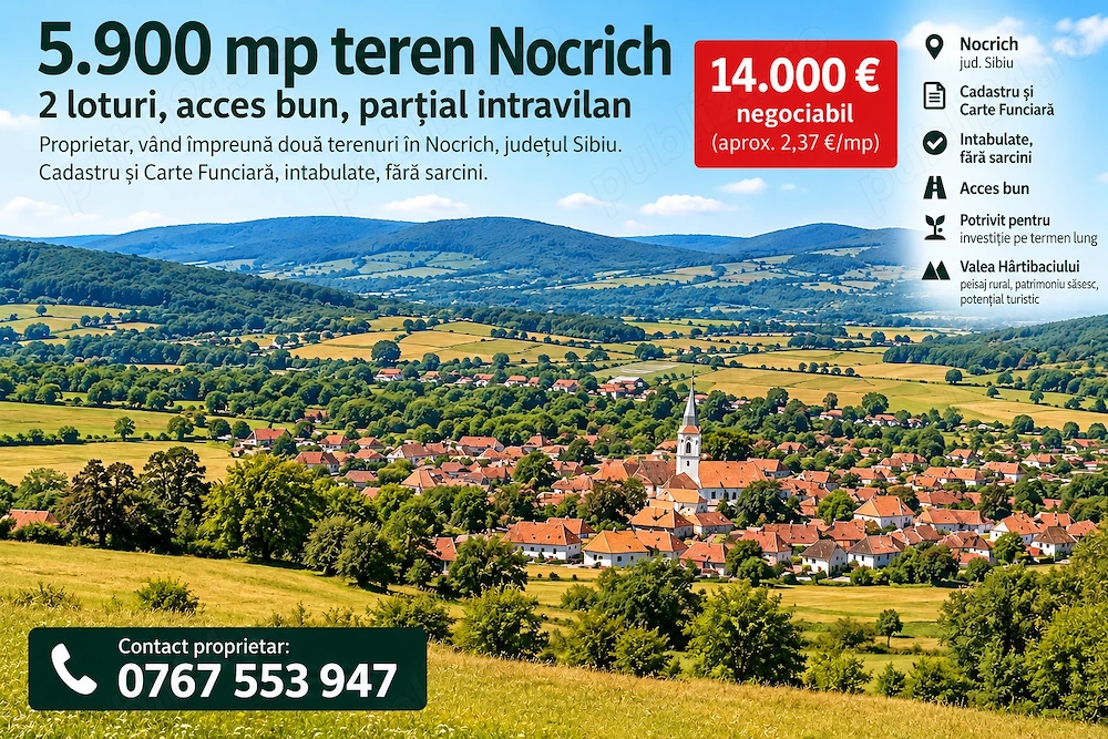 5.900 mp teren Nocrich   2 loturi, acces bun, parțial intravilan