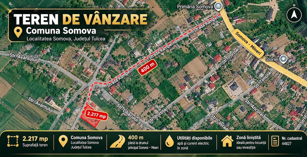TEREN DE VÂNZARE   2.217 MP   Somova,  Jud. Tulcea
