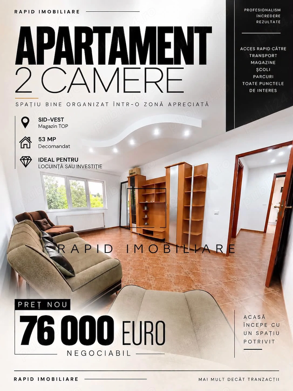 2 Camere | Etaj 3 | Magazin TOP | Sid-Vest | 53 mp | An '88 | Mobilat +Utilat 
