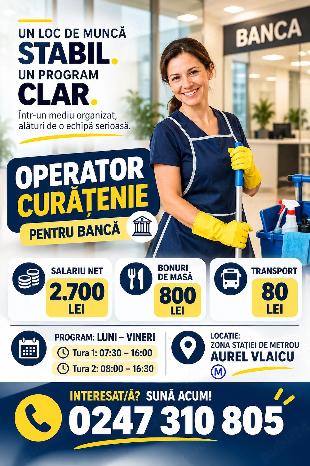 Angajăm operator curățenie   Bancă, Aurel Vlaicu