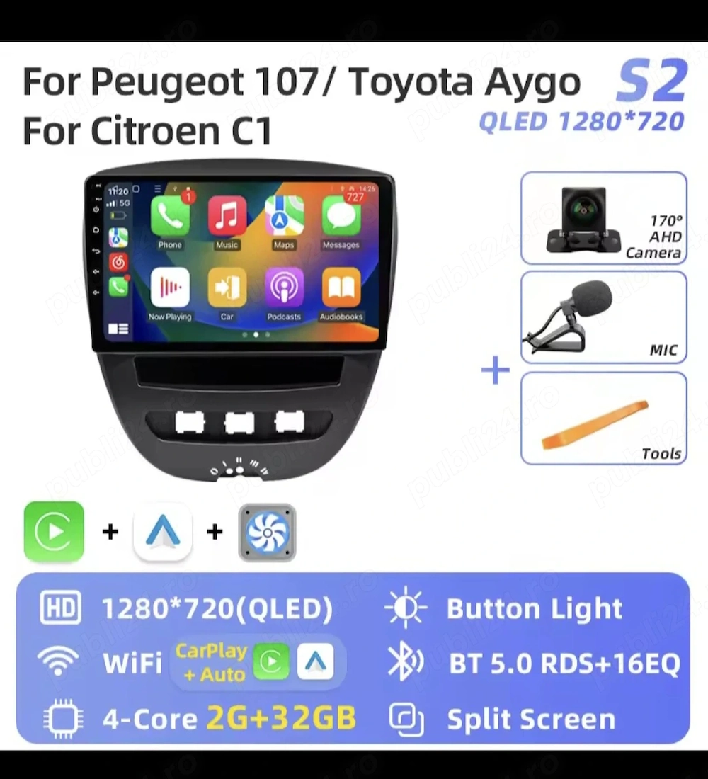 Navigatie cu Android auto si Apple carplay dedicata Toyota Aygo Citro n c1 Peugeot 107