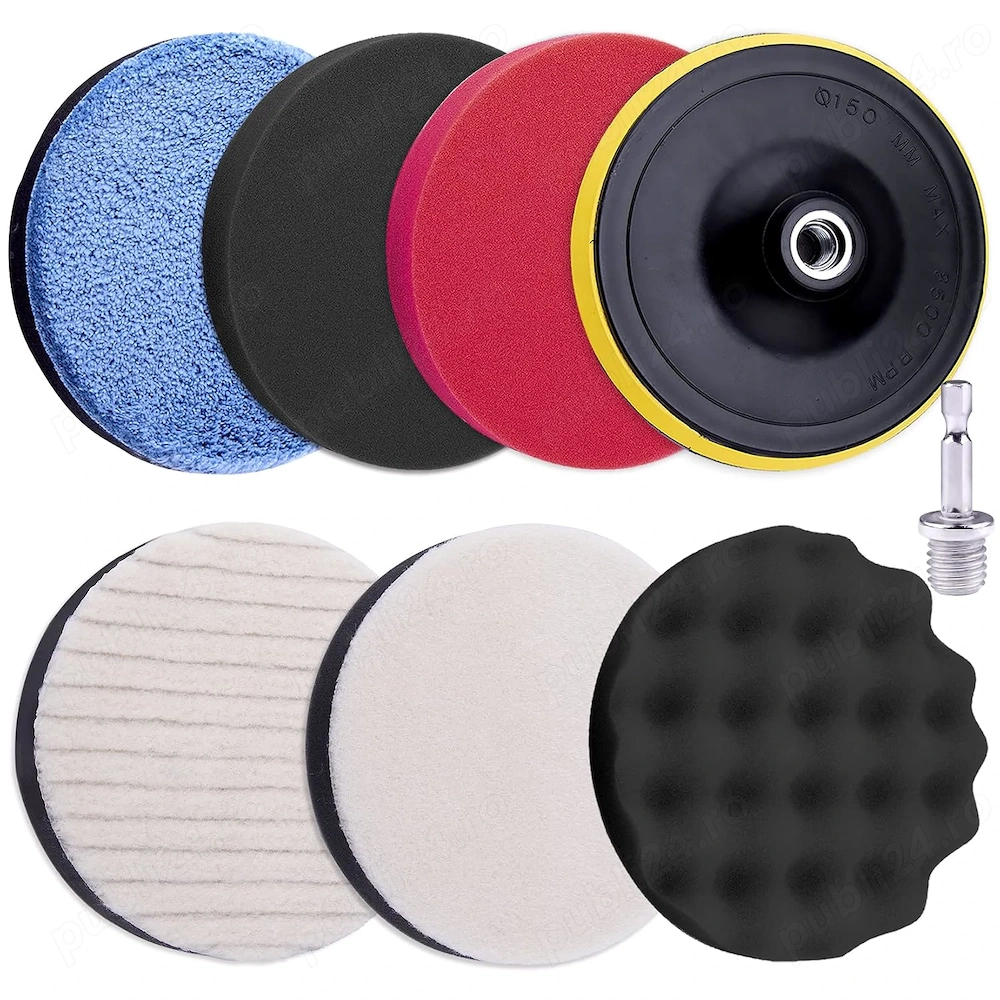 Set 8 Bureți Polish Auto 180 mm – Spumă + Lână, Pad Velcro, Adaptor M14 pentru Bormașină – SIQUK 