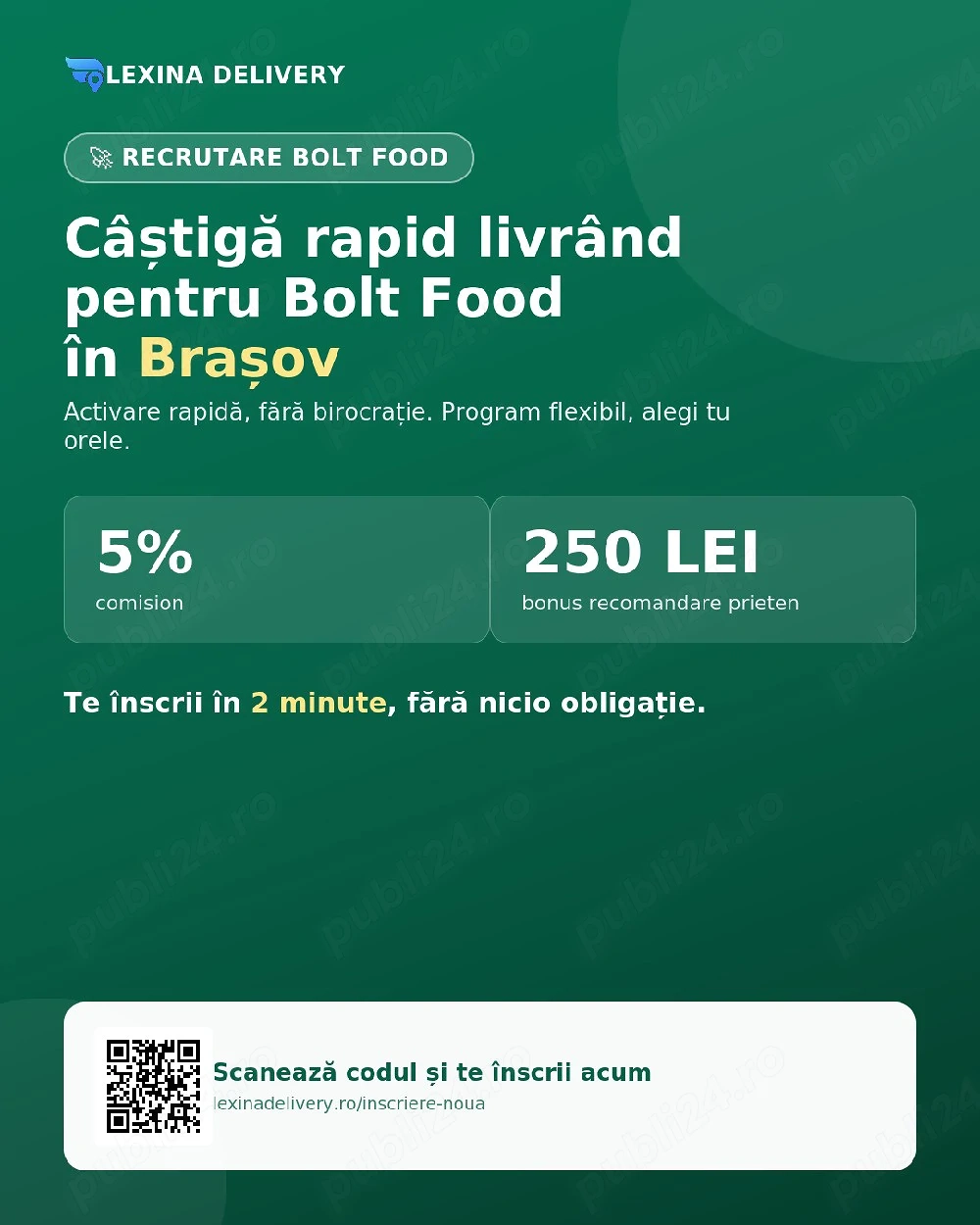 Angajăm curieri Bolt Food Brașov   comision 5%, activare rapidă