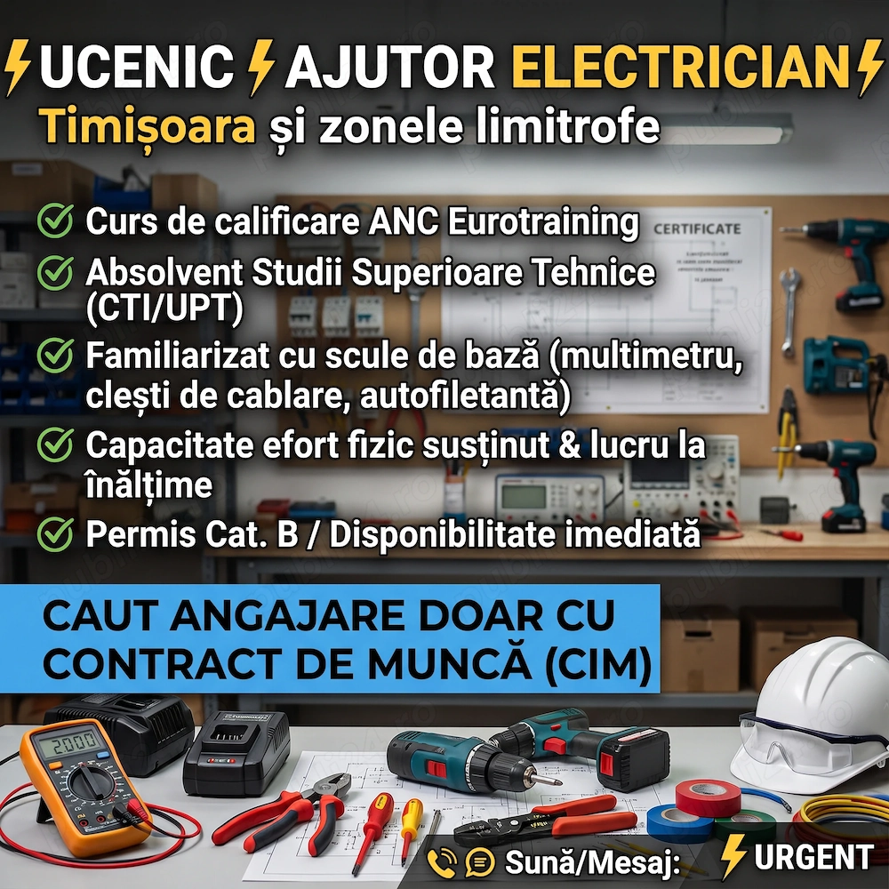 Caut loc de muncă: Ucenic electrician   Timișoara și împrejurimi