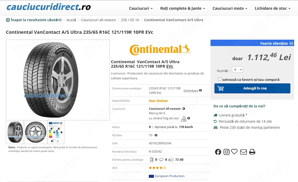 2 cauciucuri all-season Continental VanContact 235/65/16C, DOT2025, rulate 2000km, impecabile