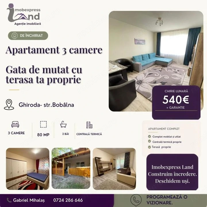 Apartament cu 3 camere de închiriat – Ghiroda, str. Bobâlna – terasă proprie