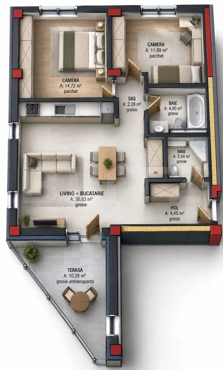 Apartament cu 3 camere, 72 mp, zona Terra Gardens, Comision 0