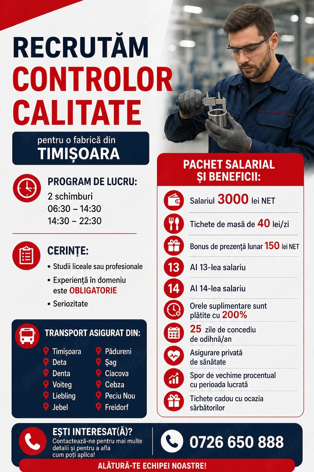 Controlor calitate - 2 schimburi - 3.000 net + beneficii