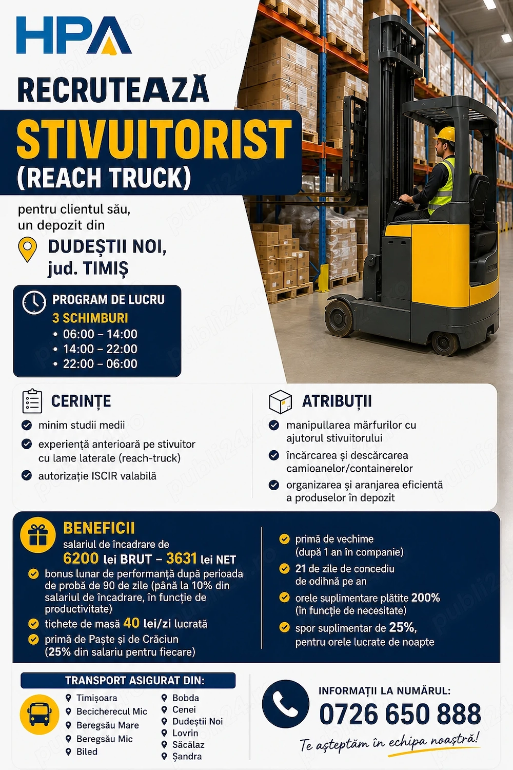 Recrutam Stivuitorist - 3 sch - 6.200 brut + beneficii 