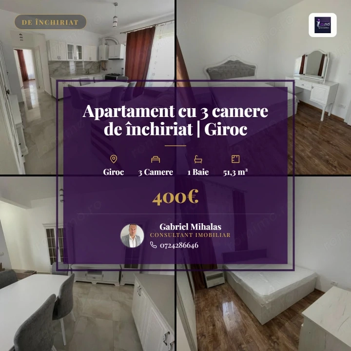 Apartament cu 3 camere de închiriat | Giroc – Strada Cupidon 