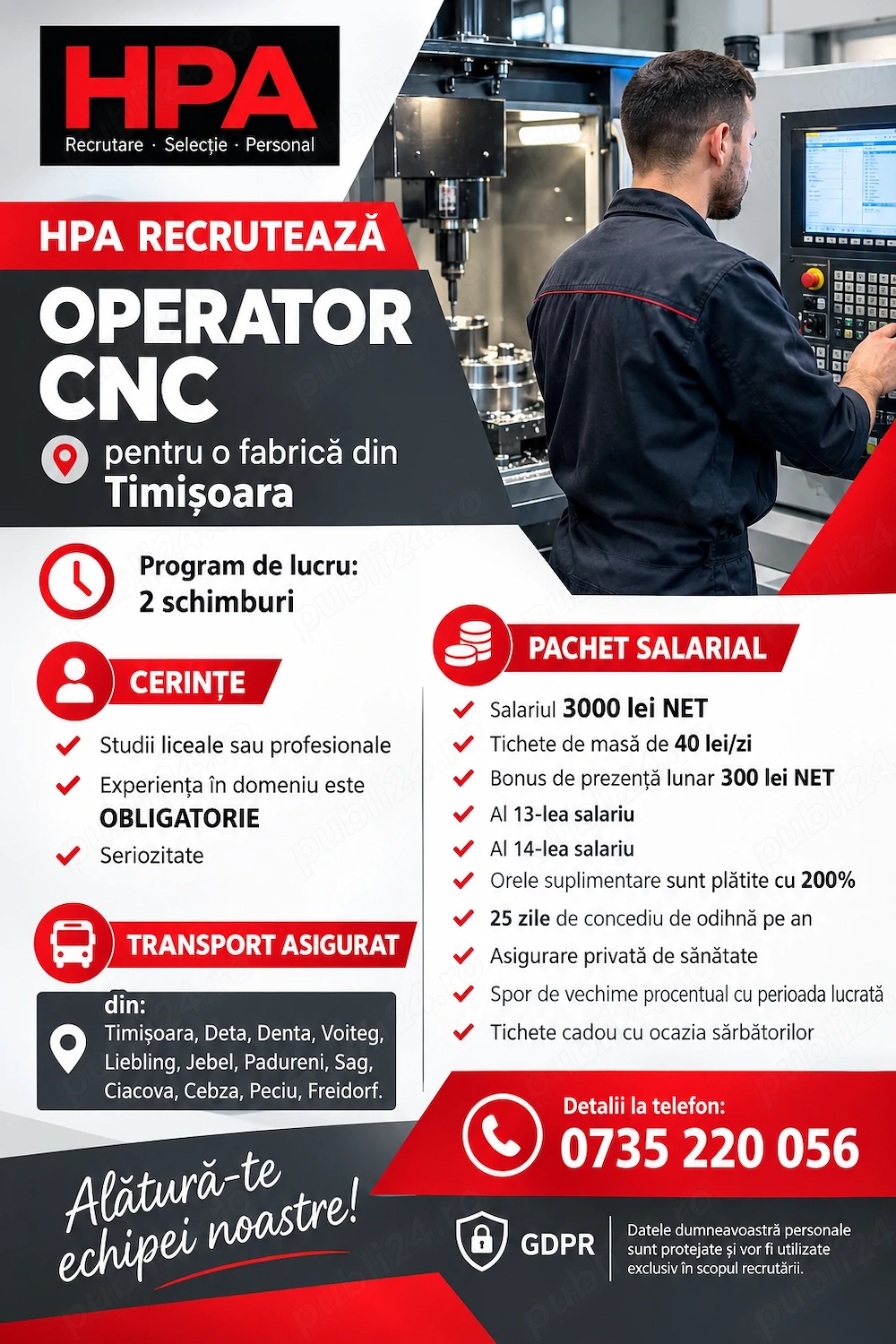 HPA recrutează Operator CNC pentru o fabrică din Timișoara.