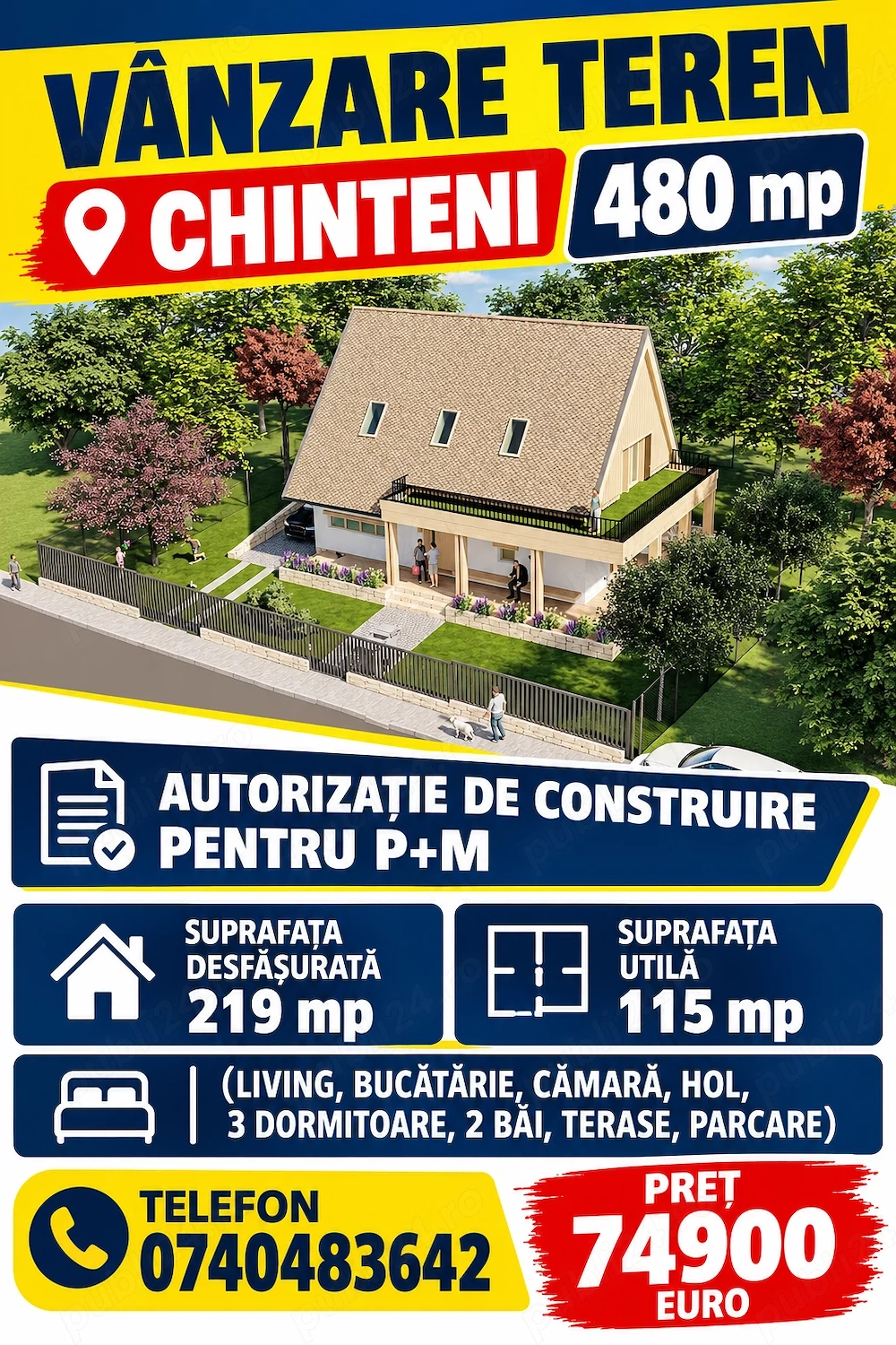 Teren intravilan cu autorizatie de construire P+M - Chinteni