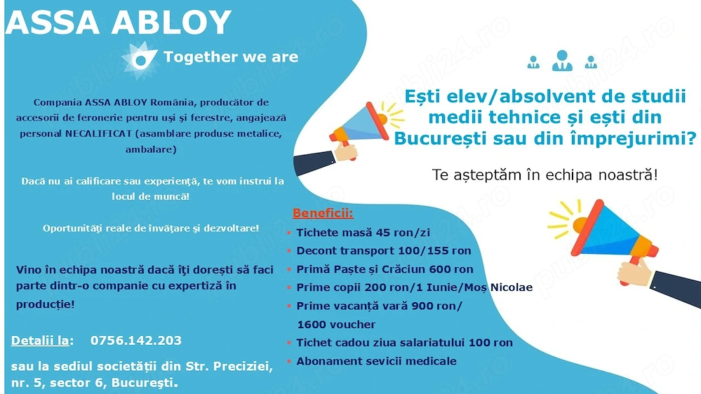 Companie multinationala angajează personal NECALIFICAT (asamblare produse metalice, ambalare).