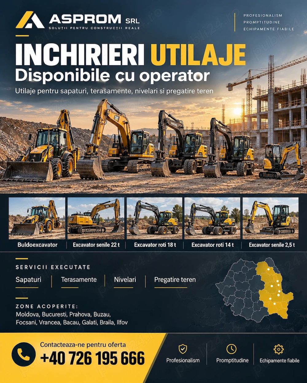 Închiriez excavatoare 22T, 18T, 14T, miniexcavator 2,5T și buldoexcavator   cu operator