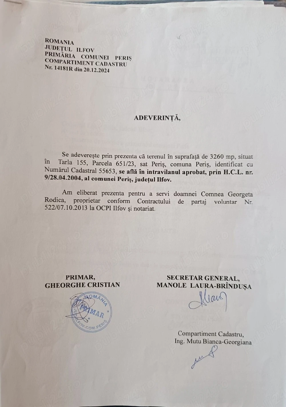 Vând Vând teren 3.260 mp în Periș, Ilfov   ideal casă sau investiție