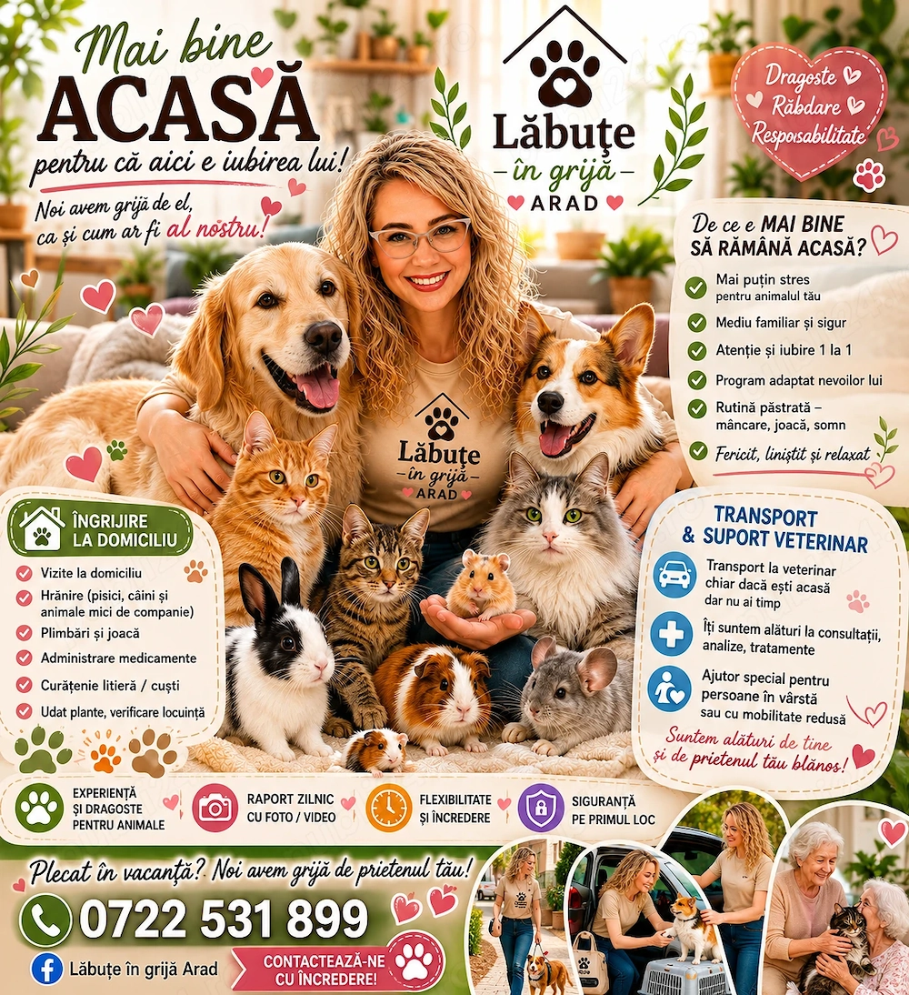 Pet sitter la domiciliul clientului, dog walker, tranp animale, tratament veterinar, animale exotice