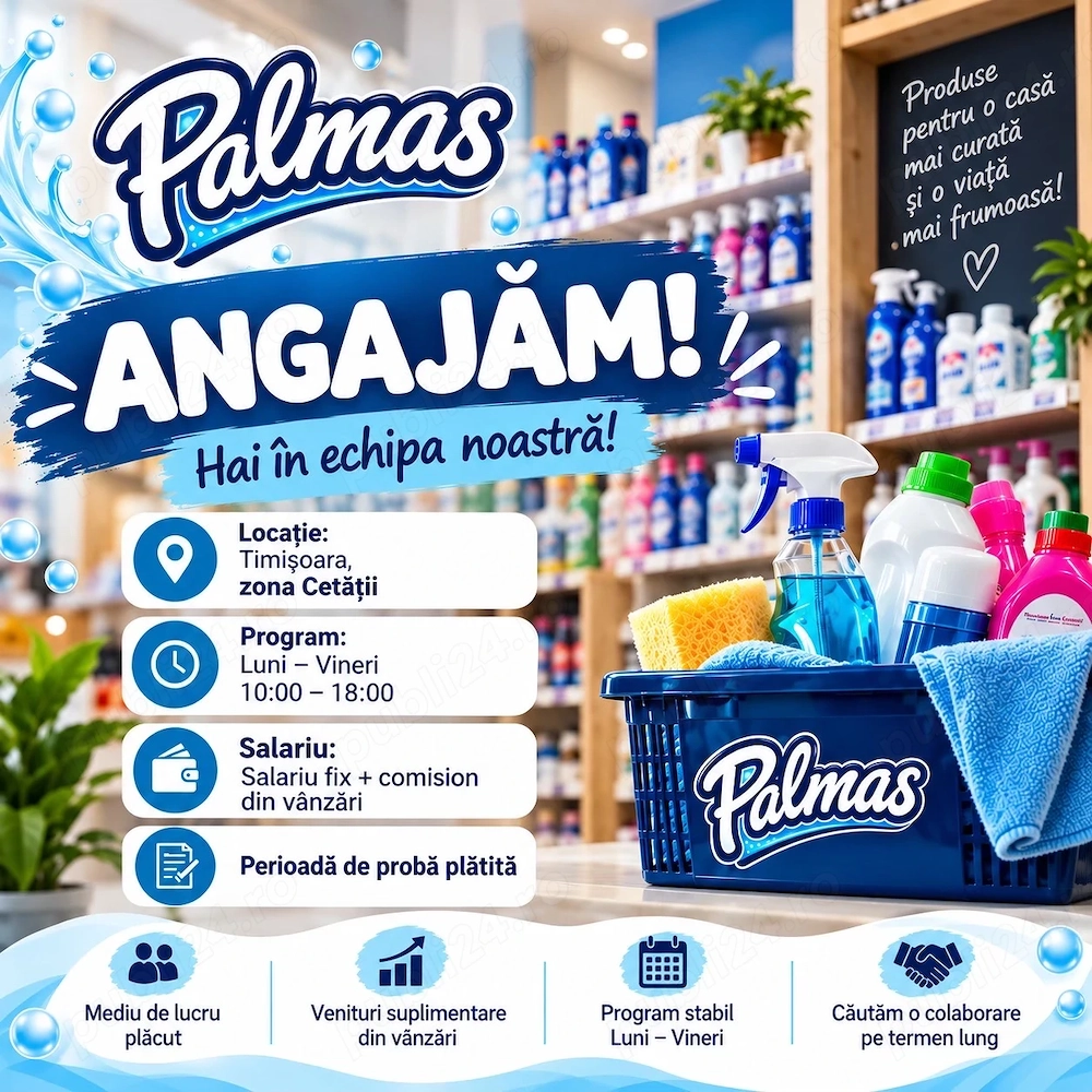 Angajam, zona Cetatii, produse curatenie. 
