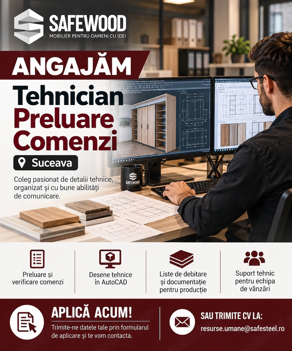 Căutăm un coleg pentru ostul de Tehnician Preluare Comenzi care să se alăture echipei SafeWood.