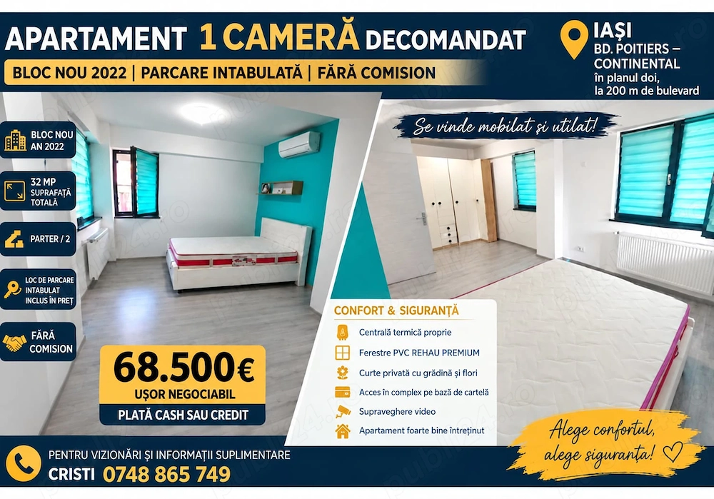 NU RATA ! ZERO COMISION apt 1 C D , 33 mp,+LOC PARCARE bloc NOU 2022, la 250 m de bd Poitiers