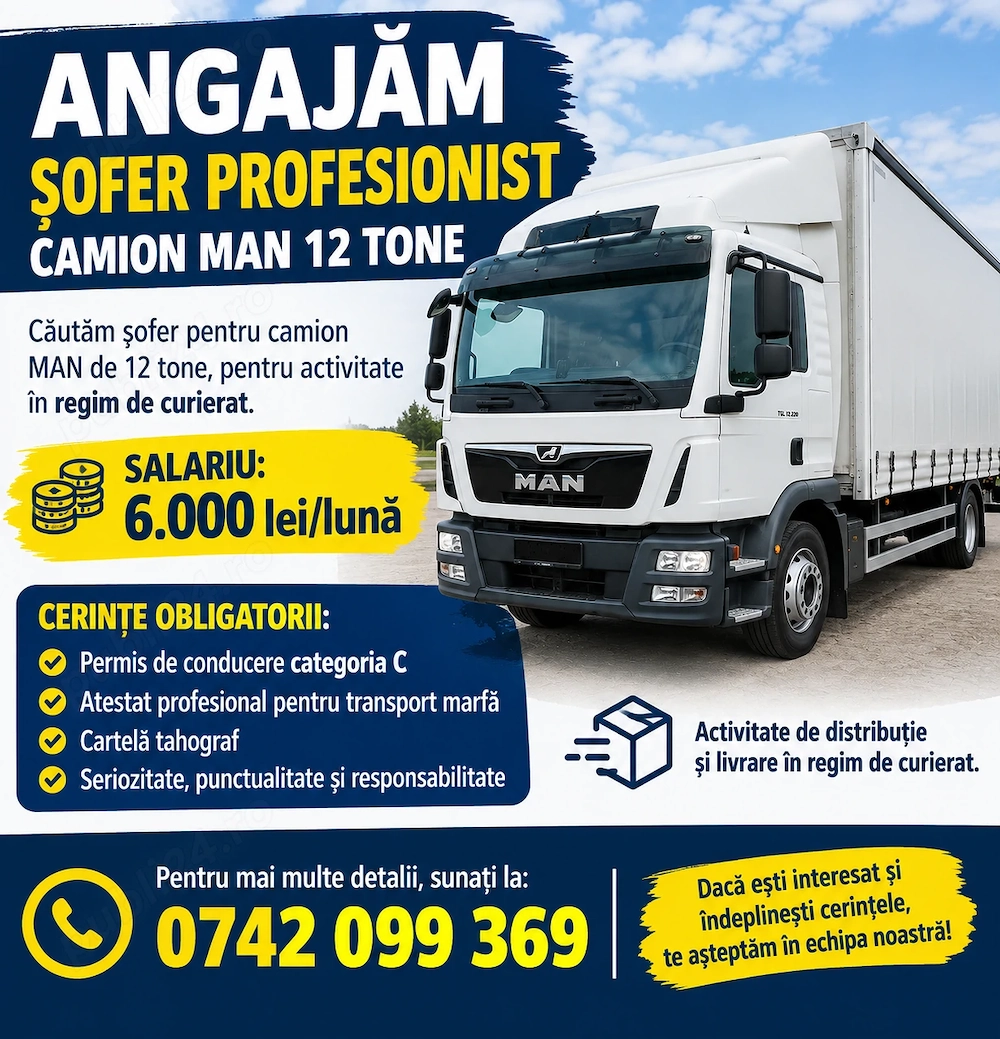 Angajari sofer profesionist camion 12 t cu lift