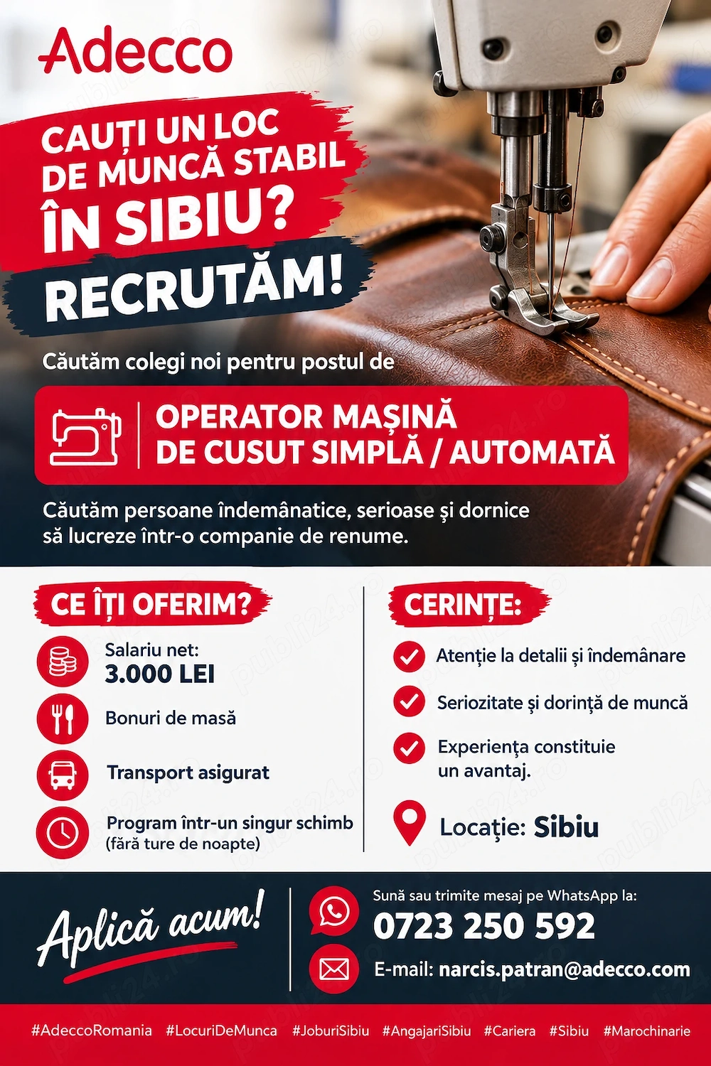 Angajam Operator masina de cusut, calitate.