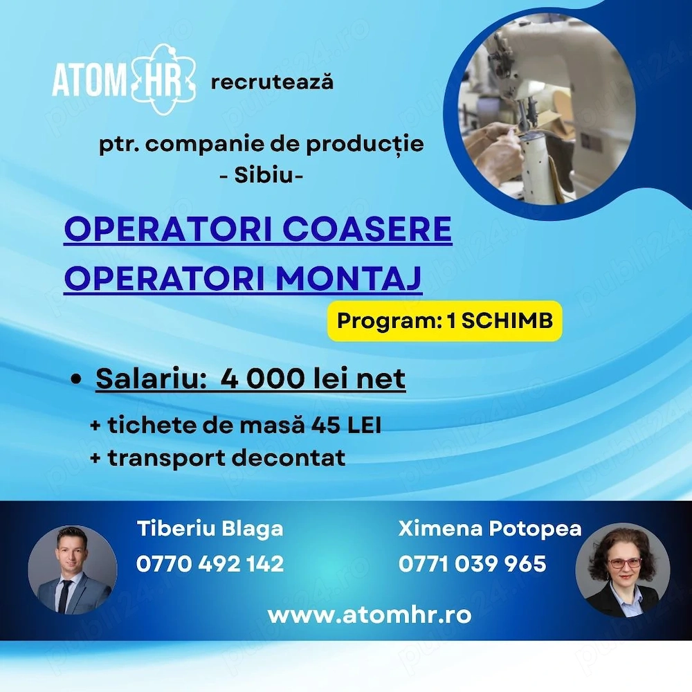 Angajăm Operatori montaj și Operatori coasere, companie Sibiu.