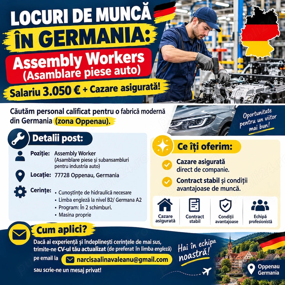 LOC DE MUNCĂ ÎN GERMANIA: Assembly Workers (Asamblare piese auto)