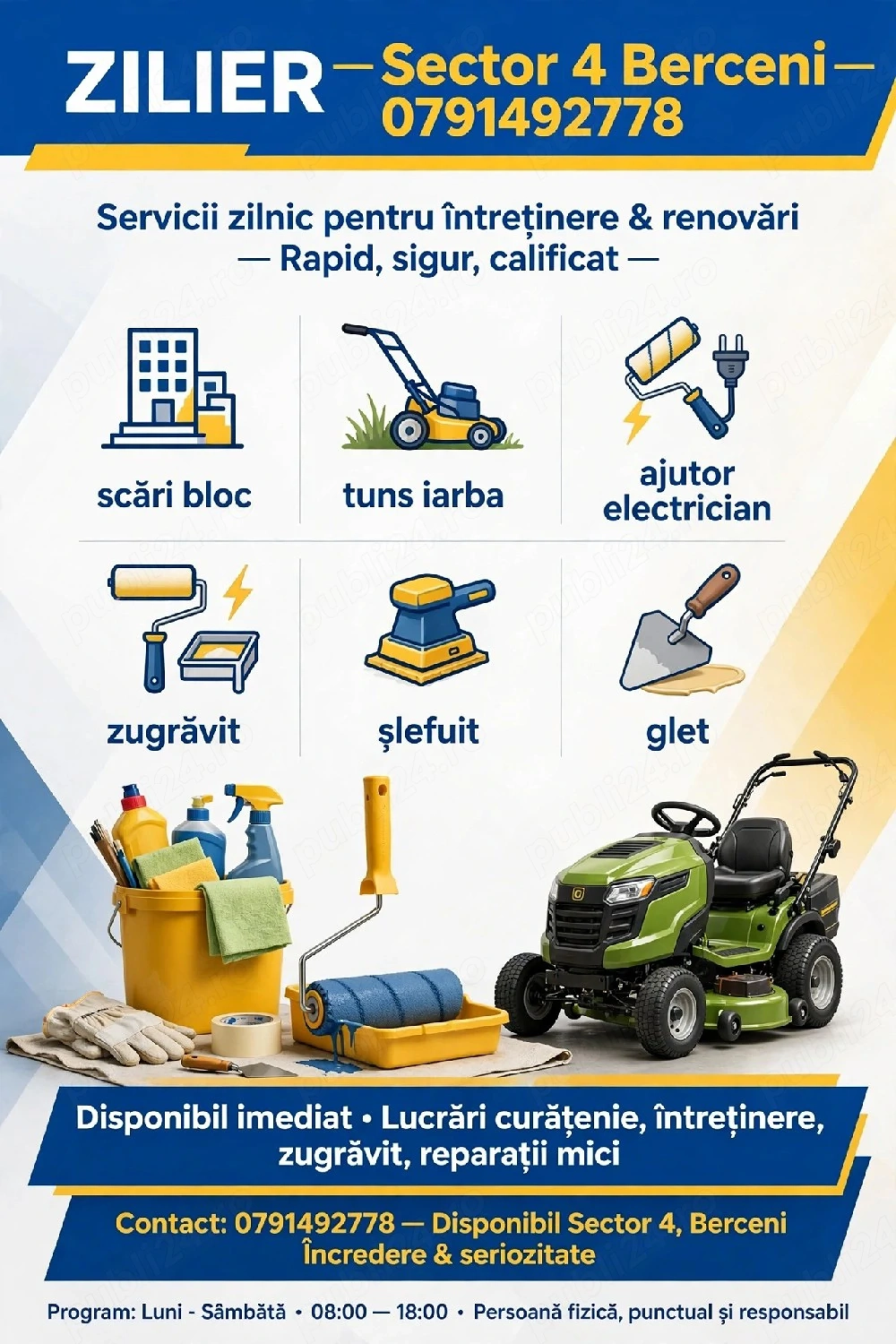 Caut de munca zilier scari de bloc tuns iarba ajutor electrician zugravit slefuit tras glet plata la