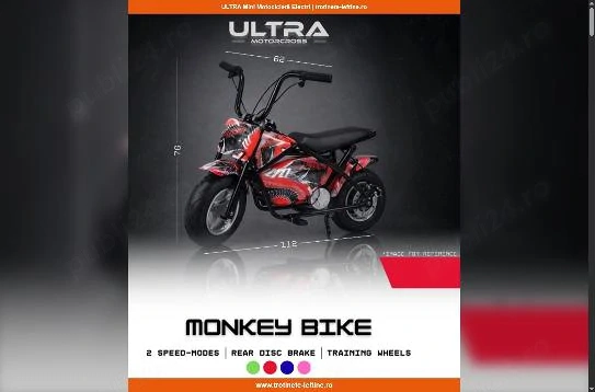 Mini Motocicleta Electrica Monkey Bike 300W, 24V 10Ah, 21 km h, roti ajutatoare - 999 lei